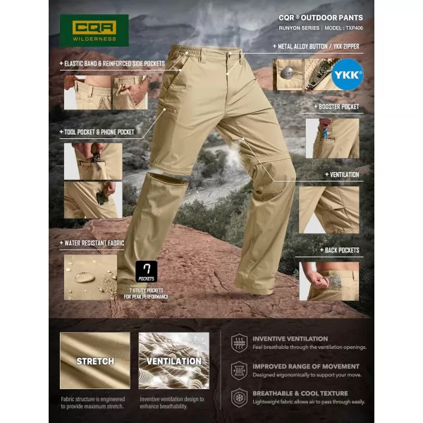 CQR Mens Convertible Cargo Tactical Pants Water Resistant Outdoor Hiking Pants Zip Off Lightweight Stretch Work PantsRunyon Dune Khaki