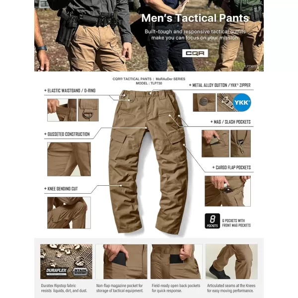 CQR Mens Flex Ripstop Tactical Pants Water Resistant Stretch Cargo Pants Lightweight EDC Hiking Work PantsDura Flex Cougar