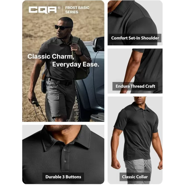 CQR Mens Polo Shirt Short Sleeve Tactical Shirts Dry Fit Lightweight Performance Golf Shirts Outdoor UPF 50 Pique ShirtFrost Basic Black