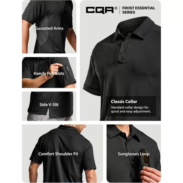 CQR Mens Polo Shirt Short Sleeve Tactical Shirts Dry Fit Lightweight Performance Golf Shirts Outdoor UPF 50 Pique ShirtFrost Essential Black