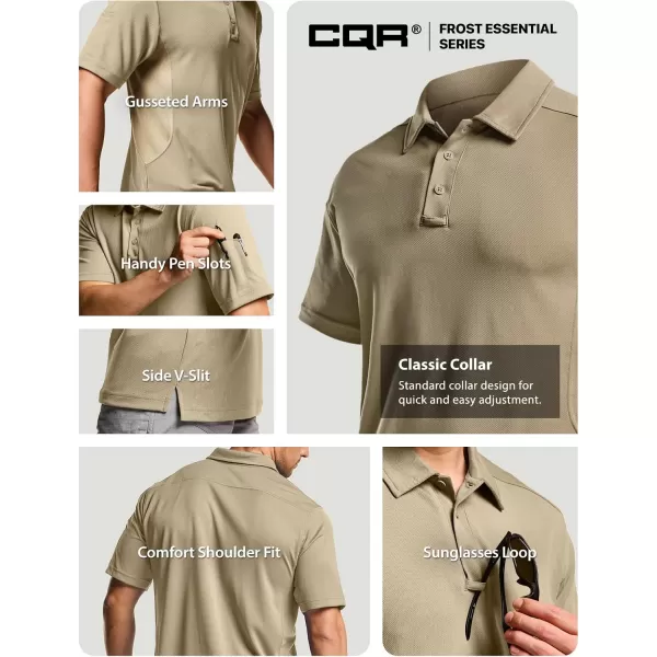 CQR Mens Polo Shirt Short Sleeve Tactical Shirts Dry Fit Lightweight Performance Golf Shirts Outdoor UPF 50 Pique ShirtFrost Essential Khaki