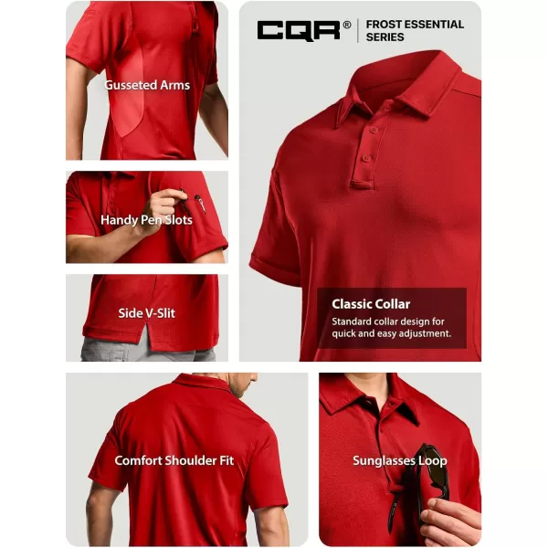 CQR Mens Polo Shirt Short Sleeve Tactical Shirts Dry Fit Lightweight Performance Golf Shirts Outdoor UPF 50 Pique ShirtFrost Essential Red