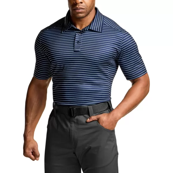 CQR Mens Polo Shirt Short Sleeve Tactical Shirts Dry Fit Lightweight Performance Golf Shirts Outdoor UPF 50 Pique ShirtFrost Essential Stripe Navy