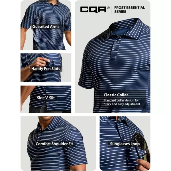 CQR Mens Polo Shirt Short Sleeve Tactical Shirts Dry Fit Lightweight Performance Golf Shirts Outdoor UPF 50 Pique ShirtFrost Essential Stripe Navy