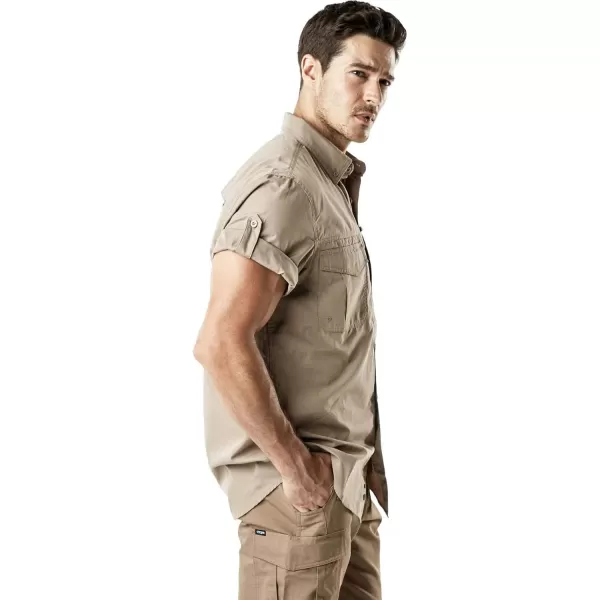 CQR Mens Short Sleeve Work Shirts Ripstop Military Tactical Shirts Outdoor UPF 50 Breathable Hiking ShirtButton Down Officer Khaki