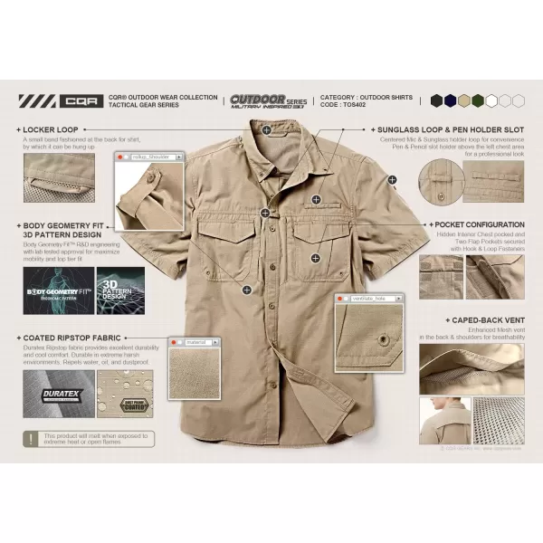 CQR Mens Short Sleeve Work Shirts Ripstop Military Tactical Shirts Outdoor UPF 50 Breathable Hiking ShirtButton Down Officer Khaki