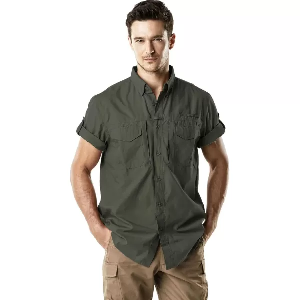 CQR Mens Short Sleeve Work Shirts Ripstop Military Tactical Shirts Outdoor UPF 50 Breathable Hiking ShirtButton Down Officer Olive