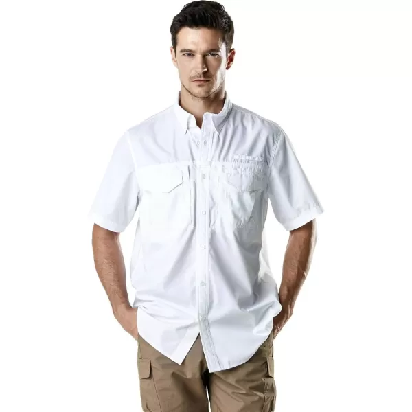 CQR Mens Short Sleeve Work Shirts Ripstop Military Tactical Shirts Outdoor UPF 50 Breathable Hiking ShirtButton Down Officer White