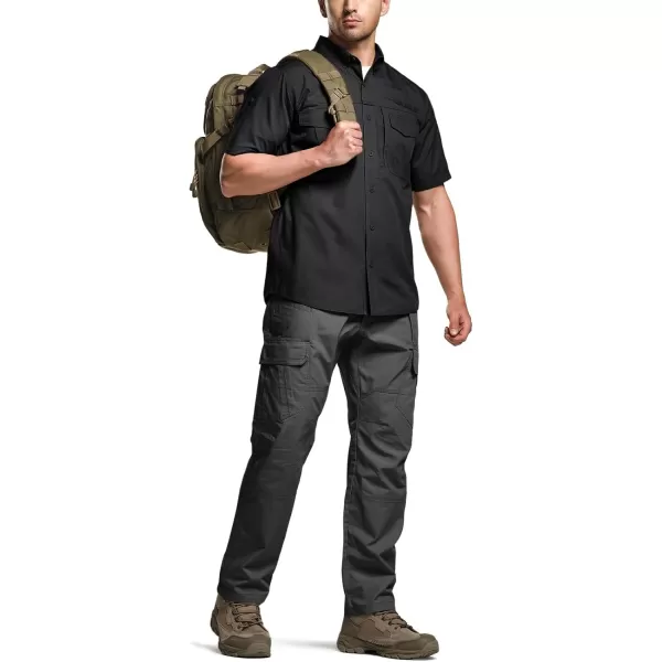 CQR Mens Short Sleeve Work Shirts Ripstop Military Tactical Shirts Outdoor UPF 50 Breathable Hiking ShirtButton Down Shirts Black