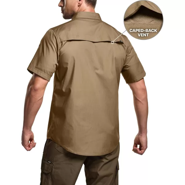 CQR Mens Short Sleeve Work Shirts Ripstop Military Tactical Shirts Outdoor UPF 50 Breathable Hiking ShirtButton Down Shirts Coyote