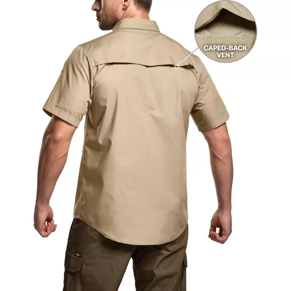 CQR Mens Short Sleeve Work Shirts Ripstop Military Tactical Shirts Outdoor UPF 50 Breathable Hiking ShirtButton Down Shirts Khaki