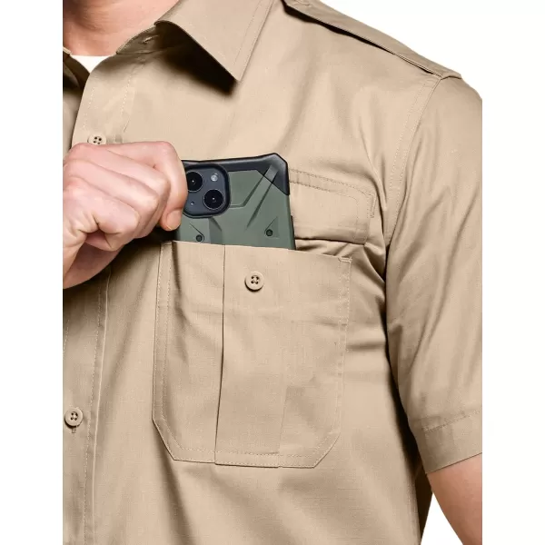 CQR Mens Short Sleeve Work Shirts Ripstop Military Tactical Shirts Outdoor UPF 50 Breathable Hiking ShirtShort Sleeve Shirts Khaki