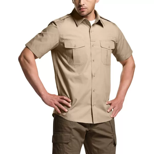 CQR Mens Short Sleeve Work Shirts Ripstop Military Tactical Shirts Outdoor UPF 50 Breathable Hiking ShirtShort Sleeve Shirts Khaki