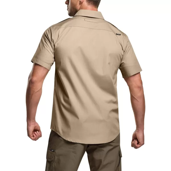 CQR Mens Short Sleeve Work Shirts Ripstop Military Tactical Shirts Outdoor UPF 50 Breathable Hiking ShirtShort Sleeve Shirts Khaki