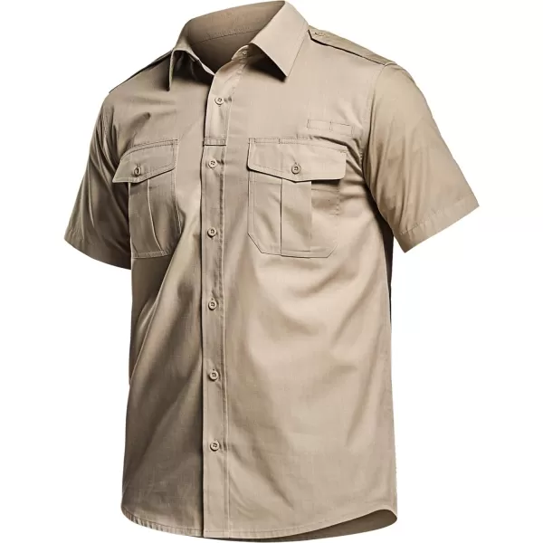 CQR Mens Short Sleeve Work Shirts Ripstop Military Tactical Shirts Outdoor UPF 50 Breathable Hiking ShirtShort Sleeve Shirts Khaki