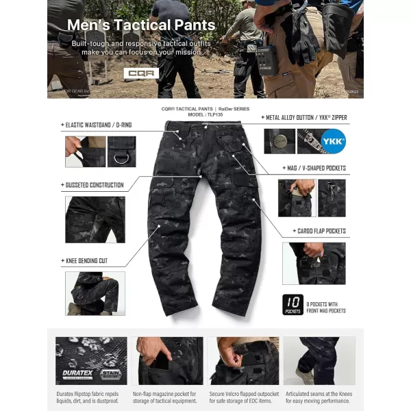 CQR Mens Tactical Pants Water Resistant Ripstop Cargo Pants Lightweight EDC Work Hiking Pants Outdoor ApparelDuratex Mag Pocket Print Utility Camo Black