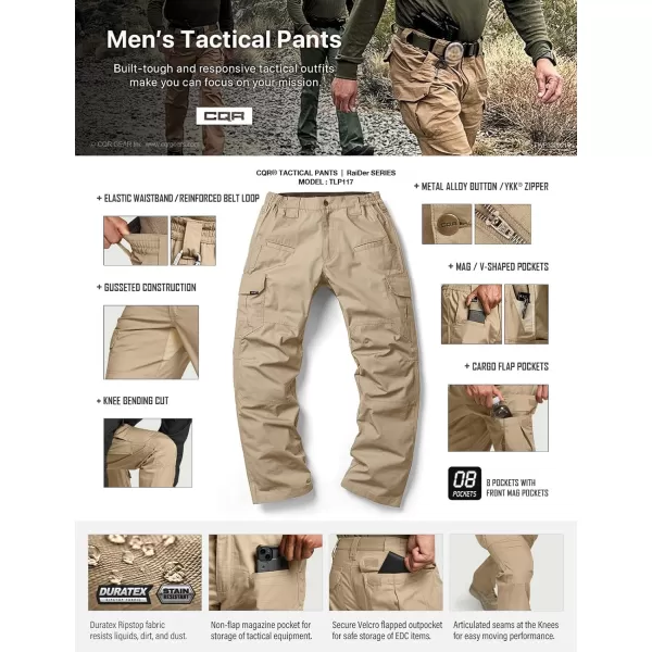 CQR Mens Tactical Pants Water Resistant Ripstop Cargo Pants Lightweight EDC Work Hiking Pants Outdoor ApparelRaider Khaki