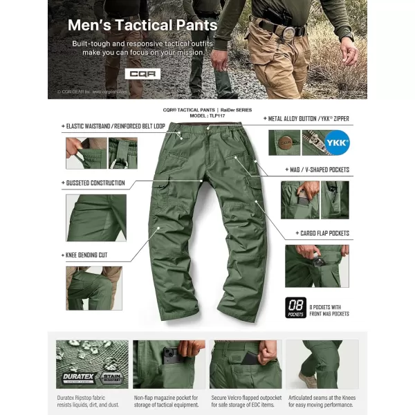 CQR Mens Tactical Pants Water Resistant Ripstop Cargo Pants Lightweight EDC Work Hiking Pants Outdoor ApparelRaider Olive Green