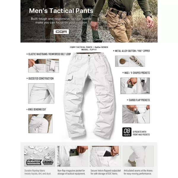 CQR Mens Tactical Pants Water Resistant Ripstop Cargo Pants Lightweight EDC Work Hiking Pants Outdoor ApparelRaider White