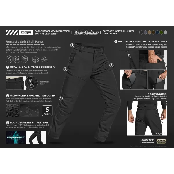 CQR Mens Winter Waterproof Tactical Pants Softshell Fleece Lined Snow Ski Cargo Pants Thermal Outdoor Hiking Work PantsSide Zipper Pocket Black