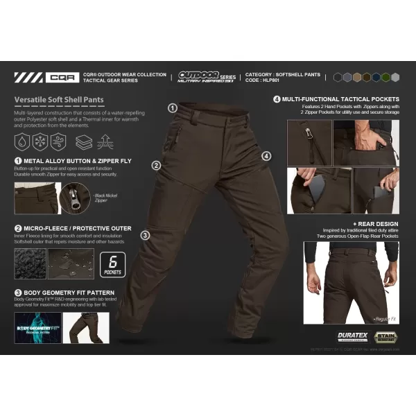 CQR Mens Winter Waterproof Tactical Pants Softshell Fleece Lined Snow Ski Cargo Pants Thermal Outdoor Hiking Work PantsSide Zipper Pocket Dark Brown