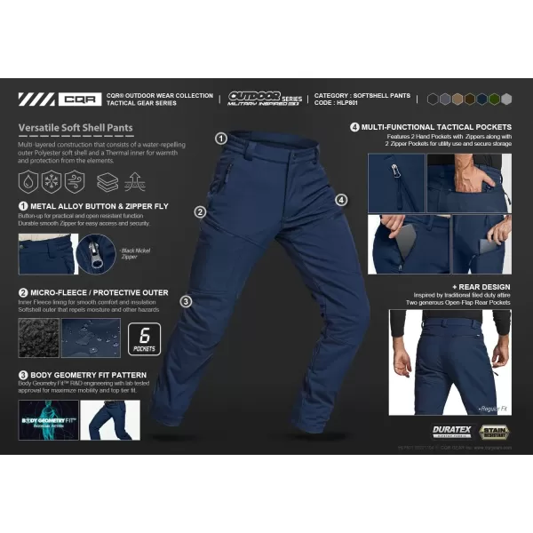 CQR Mens Winter Waterproof Tactical Pants Softshell Fleece Lined Snow Ski Cargo Pants Thermal Outdoor Hiking Work PantsSide Zipper Pocket Navy