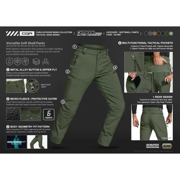 CQR Mens Winter Waterproof Tactical Pants Softshell Fleece Lined Snow Ski Cargo Pants Thermal Outdoor Hiking Work PantsSide Zipper Pocket Olive