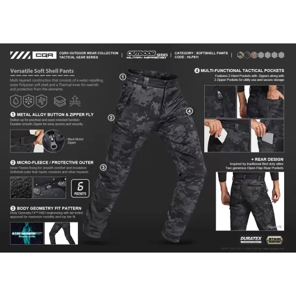 CQR Mens Winter Waterproof Tactical Pants Softshell Fleece Lined Snow Ski Cargo Pants Thermal Outdoor Hiking Work PantsSide Zipper Pocket Utility Camo Black