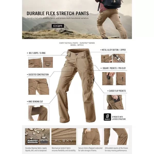 CQR Womens Flex Stretch Tactical Pants Water Resistant Ripstop Work Pants Outdoor Hiking Cargo Pants with PocketsFlexy Multi Pockets Coyote