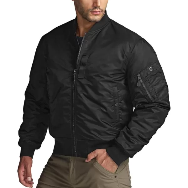 CQR Mens Casual Bomber Jacket Outdoor FallWinter ZipUp Windbreaker Water Resistant Padded MA1 Flight Jacket with PocketWatcher Black