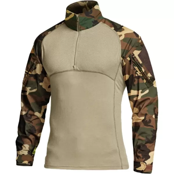 CQR Mens Combat Shirt Tactical 14 Zip Long Sleeve Military BDU Shirts Camo EDC Top with PocketsRaider Woodland