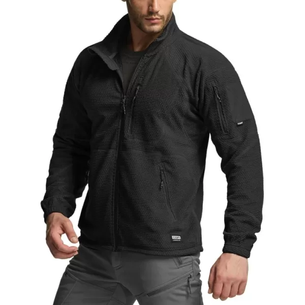 CQR Mens FullZip Tactical Jacket Soft Warm Military Winter Fleece Jackets Outdoor Windproof Coats with Zipper PocketsGrid Fleece Black