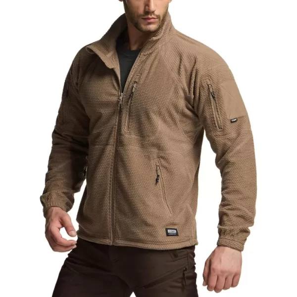 CQR Mens FullZip Tactical Jacket Soft Warm Military Winter Fleece Jackets Outdoor Windproof Coats with Zipper PocketsGrid Fleece Coyote