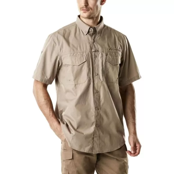 CQR Mens Short Sleeve Work Shirts Ripstop Military Tactical Shirts Outdoor UPF 50 Breathable Hiking ShirtButton Down Officer Khaki