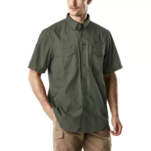 CQR Mens Short Sleeve Work Shirts Ripstop Military Tactical Shirts Outdoor UPF 50 Breathable Hiking ShirtButton Down Officer Olive