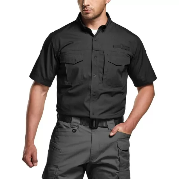 CQR Mens Short Sleeve Work Shirts Ripstop Military Tactical Shirts Outdoor UPF 50 Breathable Hiking ShirtButton Down Shirts Black