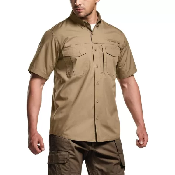 CQR Mens Short Sleeve Work Shirts Ripstop Military Tactical Shirts Outdoor UPF 50 Breathable Hiking ShirtButton Down Shirts Coyote