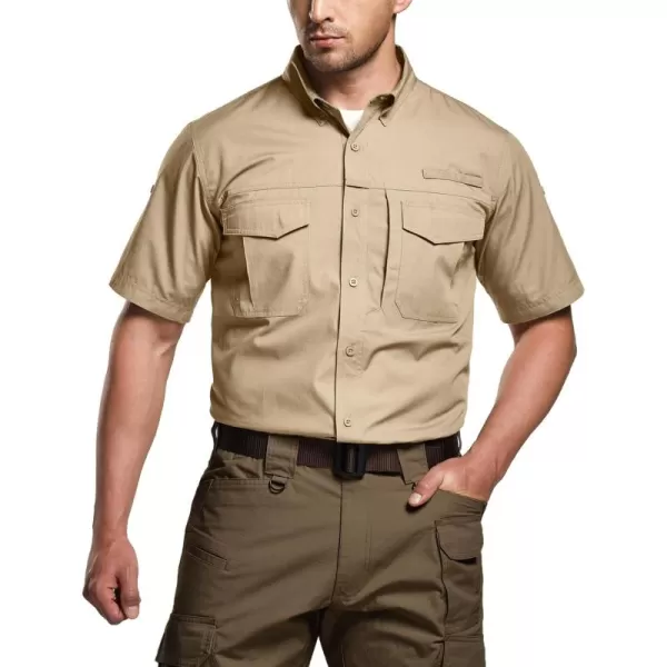 CQR Mens Short Sleeve Work Shirts Ripstop Military Tactical Shirts Outdoor UPF 50 Breathable Hiking ShirtButton Down Shirts Khaki