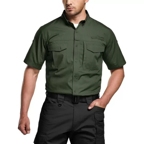 CQR Mens Short Sleeve Work Shirts Ripstop Military Tactical Shirts Outdoor UPF 50 Breathable Hiking ShirtButton Down Shirts Olive