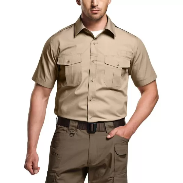 CQR Mens Short Sleeve Work Shirts Ripstop Military Tactical Shirts Outdoor UPF 50 Breathable Hiking ShirtShort Sleeve Shirts Khaki