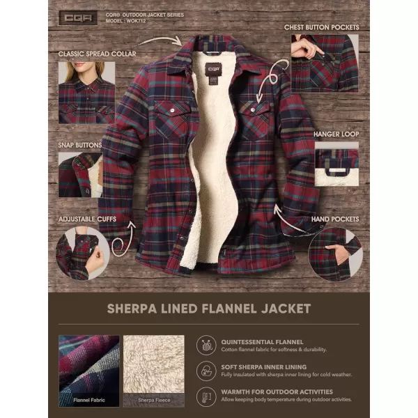 CQR Womens Flannel Shirt Jacket Sherpa Lined Plaid Shacket Jackets Slim Fit Outdoor Shirt with PocketsSherpa Lined Very Berry