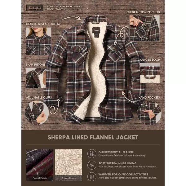 CQR Womens Flannel Shirt Jacket Sherpa Lined Plaid Shacket Jackets Slim Fit Outdoor Shirt with PocketsSherpa Lined Wine Forest