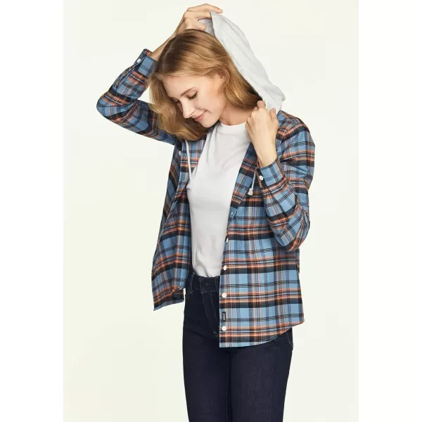 CQR Womens Hooded Plaid Flannel Shirt Long Sleeve AllCotton Soft Brushed Casual Button Down ShirtsPlaid Flannel Hoodie Aqua Coral