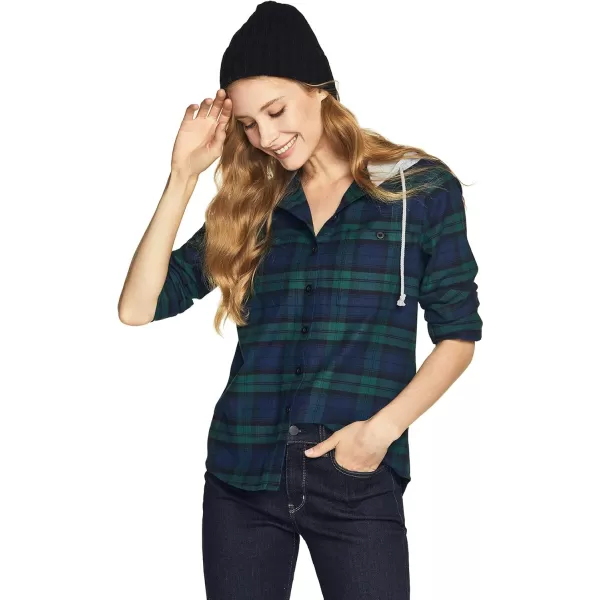 CQR Womens Hooded Plaid Flannel Shirt Long Sleeve AllCotton Soft Brushed Casual Button Down ShirtsPlaid Flannel Hoodie Black Watch Plaid