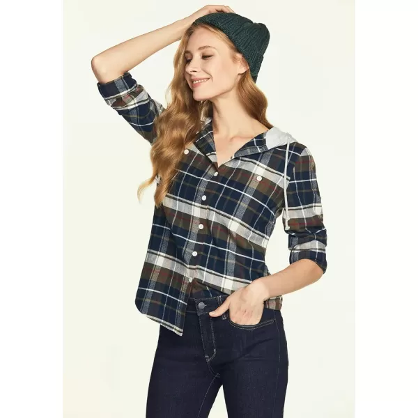 CQR Womens Hooded Plaid Flannel Shirt Long Sleeve AllCotton Soft Brushed Casual Button Down ShirtsPlaid Flannel Hoodie Midnight Forest