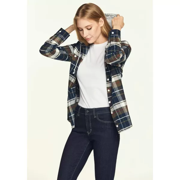 CQR Womens Hooded Plaid Flannel Shirt Long Sleeve AllCotton Soft Brushed Casual Button Down ShirtsPlaid Flannel Hoodie Midnight Forest