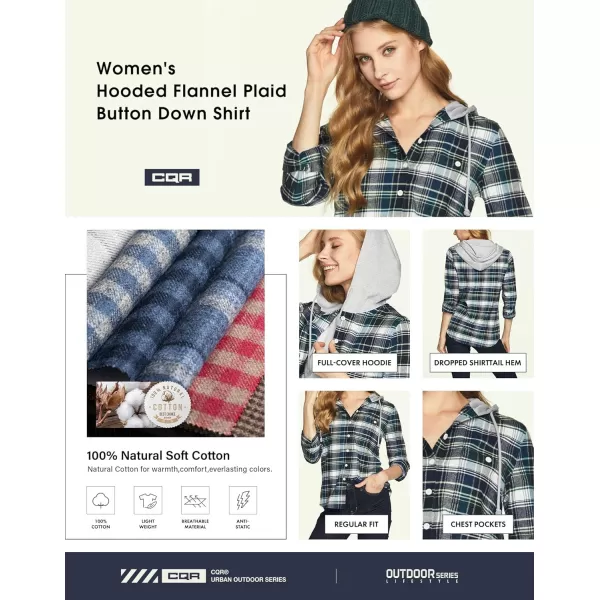 CQR Womens Hooded Plaid Flannel Shirt Long Sleeve AllCotton Soft Brushed Casual Button Down ShirtsPlaid Flannel Hoodie Pacific Blue