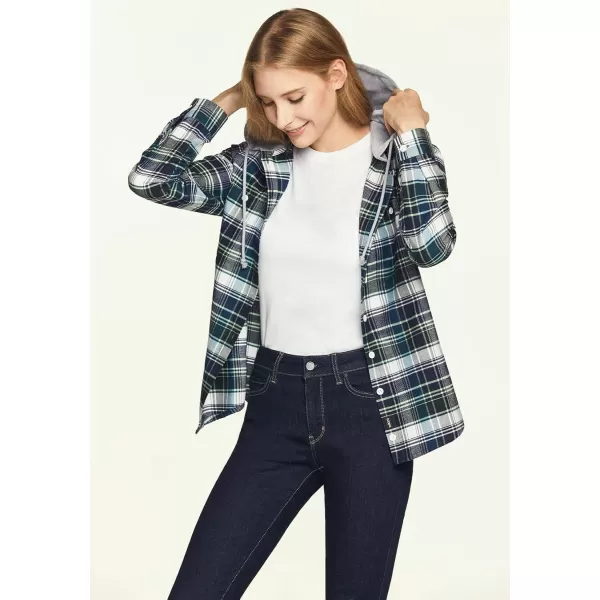 CQR Womens Hooded Plaid Flannel Shirt Long Sleeve AllCotton Soft Brushed Casual Button Down ShirtsPlaid Flannel Hoodie Pacific Blue