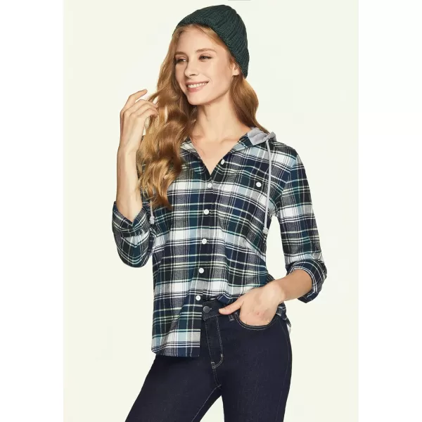 CQR Womens Hooded Plaid Flannel Shirt Long Sleeve AllCotton Soft Brushed Casual Button Down ShirtsPlaid Flannel Hoodie Pacific Blue