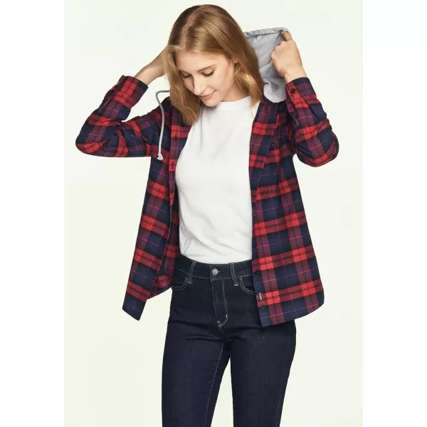 CQR Womens Hooded Plaid Flannel Shirt Long Sleeve AllCotton Soft Brushed Casual Button Down ShirtsPlaid Flannel Hoodie Red Tartan Plaid